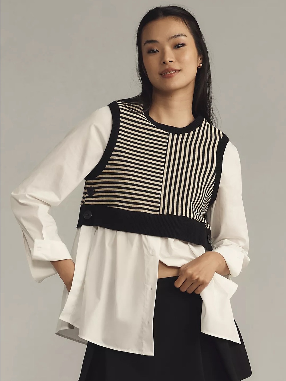 Anthropologie Maeve Long-Sleeve Linen Twofer Sweater Vest Top size small striped